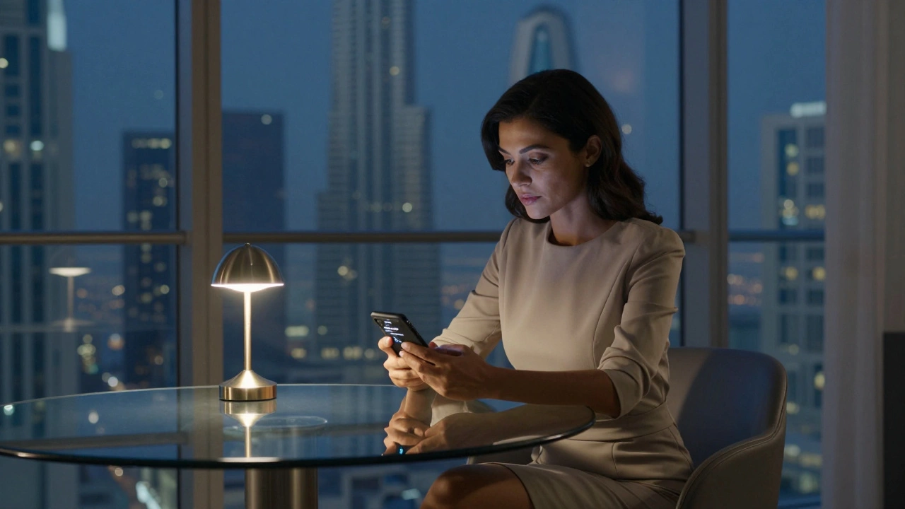 A woman in a modern Dubai apartment, calmly reviewing encrypted messages on her phone, city lights behind her.