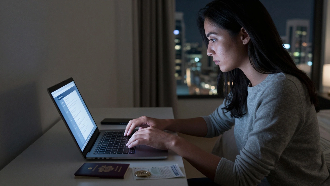 A woman sits in a modern Dubai apartment, illuminated by a laptop screen showing encrypted messages, passport and receipt on the nightstand.