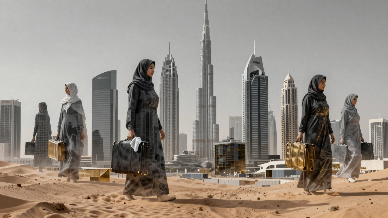 Silhouettes of migrant women merge with Dubai’s skyscrapers, their forms part of the city’s structure, rising from desert and shipping containers.