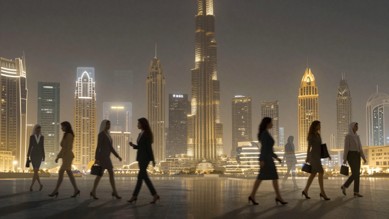 Silhouettes of women woven into Dubai’s skyline, symbolizing hidden labor beneath its glittering towers.
